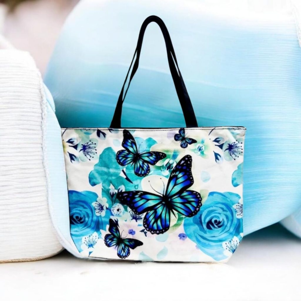 Printed Striped Canvas Shoulder Tote Bag - Blue Butterfly - Whitfash