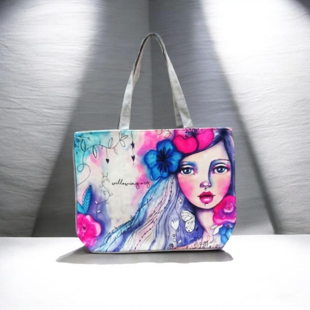 Printed Striped Canvas Shoulder Tote Bag - Diamond Art - Whitfash