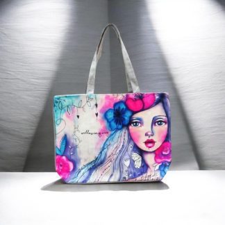 Printed Striped Canvas Shoulder Tote Bag - Diamond Art - Whitfash