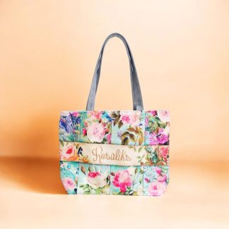 Printed Striped Canvas Shoulder Tote Bag - Floral - Whitfash