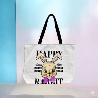 Printed Striped Handbag Canvas Tote Bag - Easter Rabbit - Whitfash