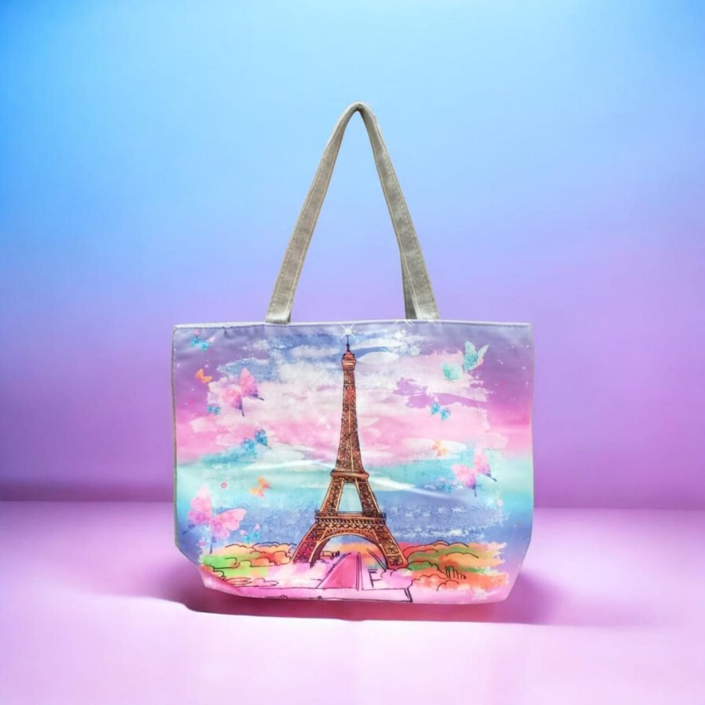Printed Striped Handbag Canvas Tote Bag - Eiffel Tower - Whitfash