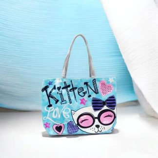 Printed Striped Handbag Canvas Tote Bag - Kitten Love - Whitfash