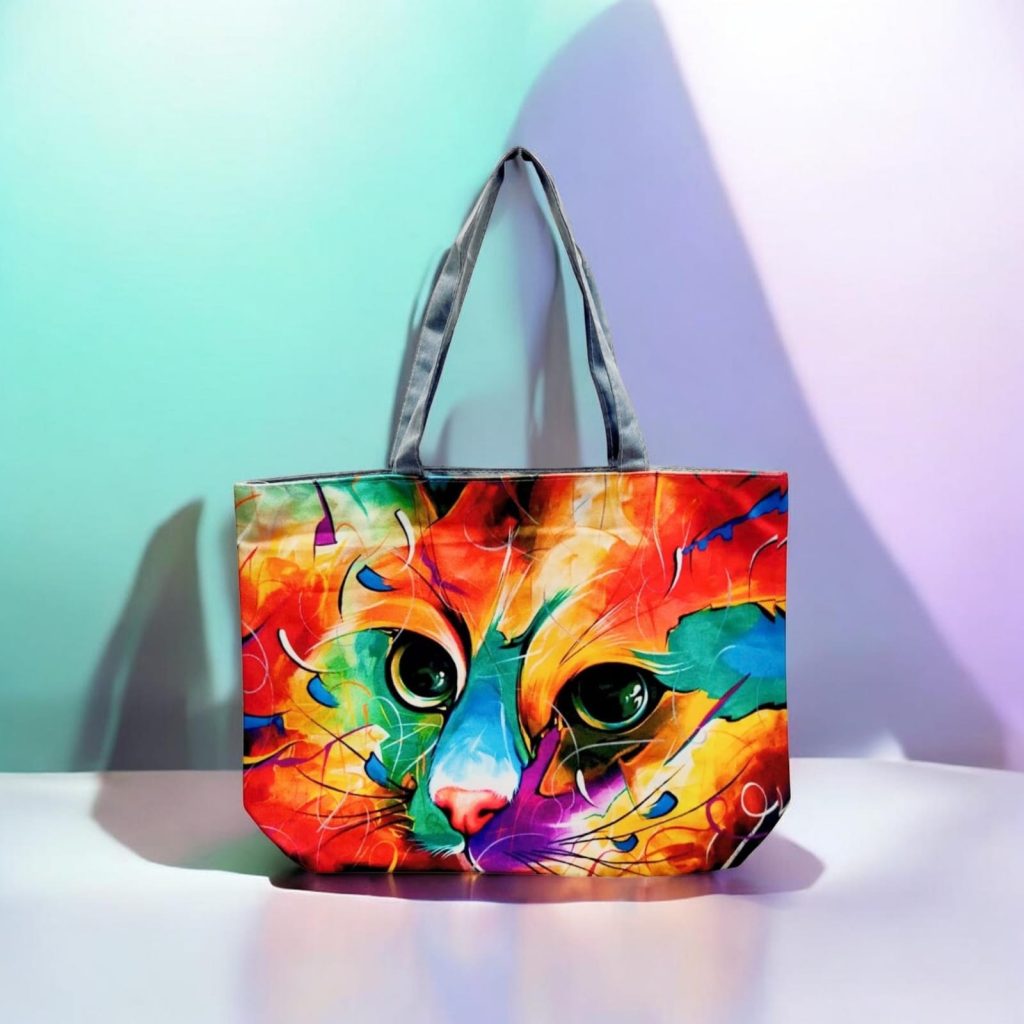 Printed Striped Handbag Canvas Tote Bag - Rainbow Cat - Whitfash