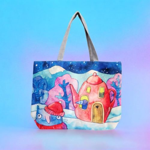 Printed Striped Handbag Canvas Tote Bag - Winter Candy Land - Whitfash