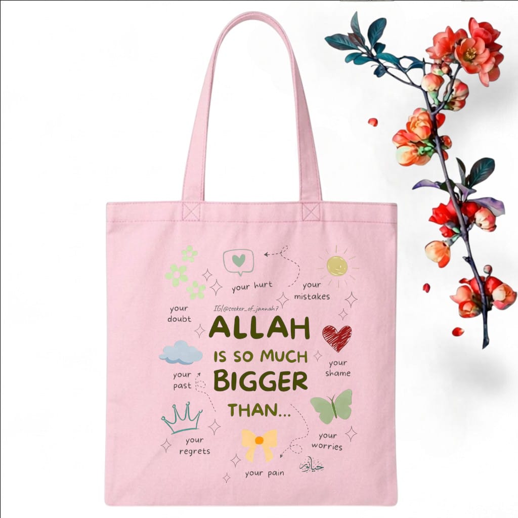 Tote Bag Customize Design Allah Is So Much Bigger Than, Baby Pink - Whitfash