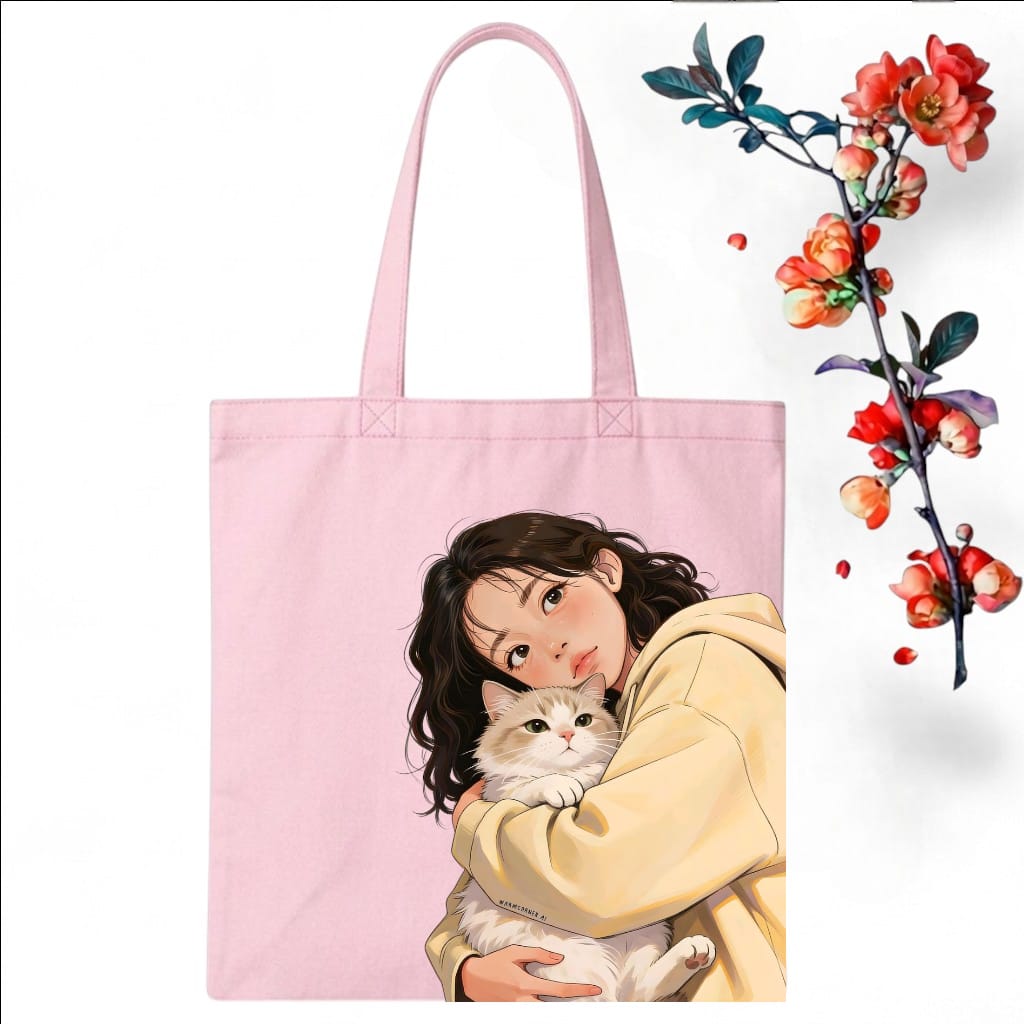 Tote Bag Customize Design Cat Lover, Baby Pink - Whitfash