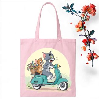 Tote Bag Customize Design Happy Tom & Jerry, Baby Pink - Whitfash