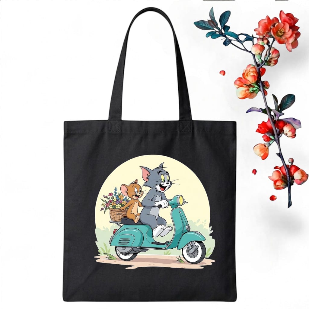 Tote Bag Customize Design Happy Tom & Jerry, Black - Whitfash